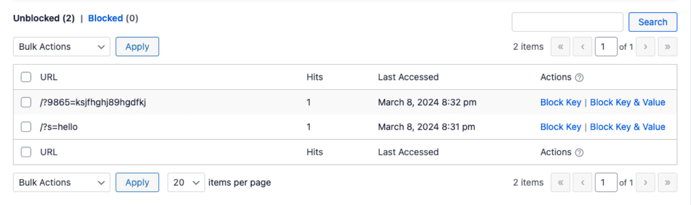 Logged entries shown in Query Arg Monitoring