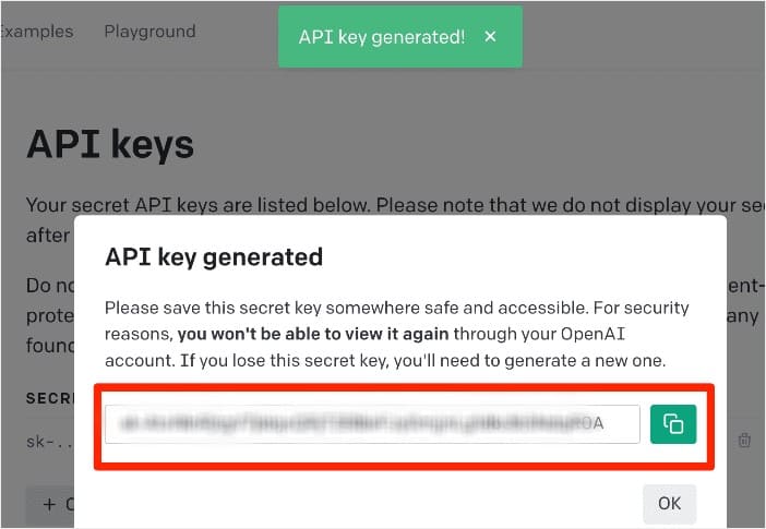 Copy the generated API key. 