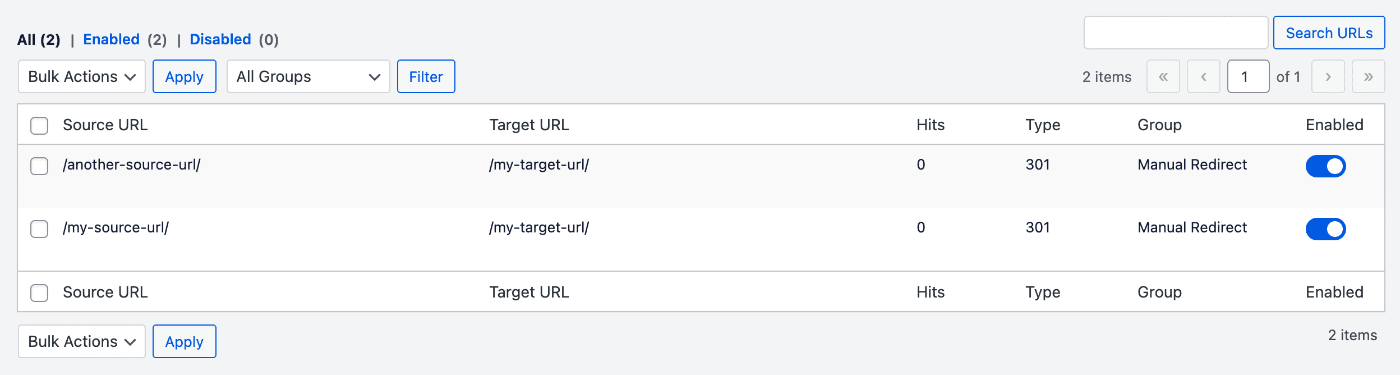 Multiple redirects shown in the Redirects table