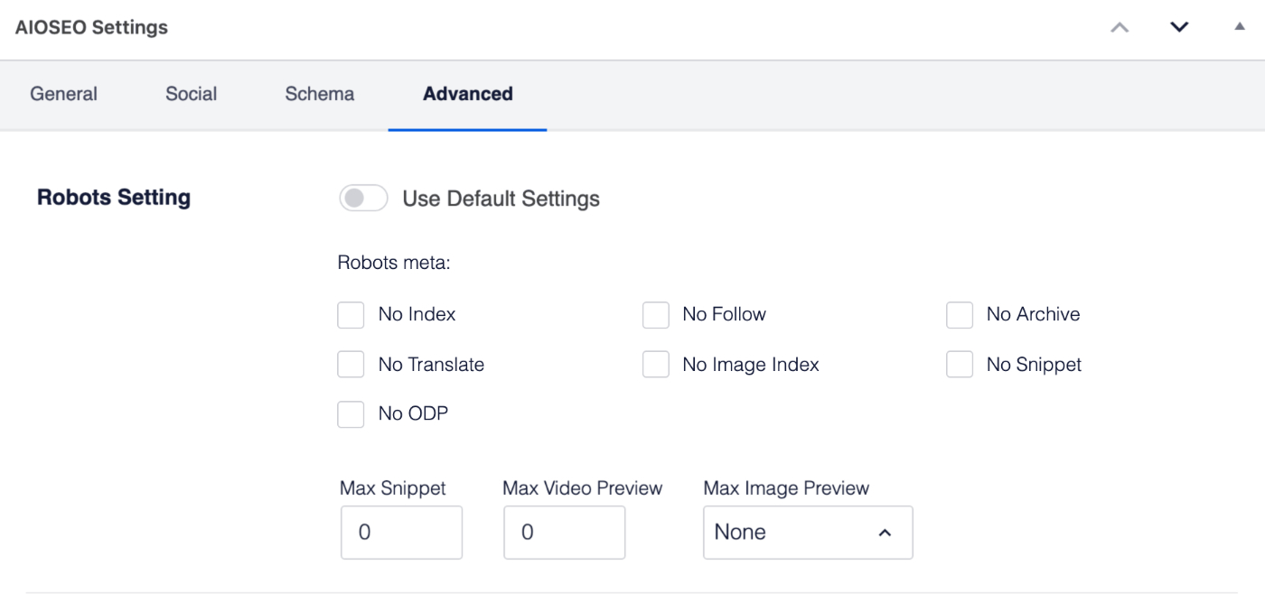 Robots Settings in the All in One SEO section on the Edit Post screen