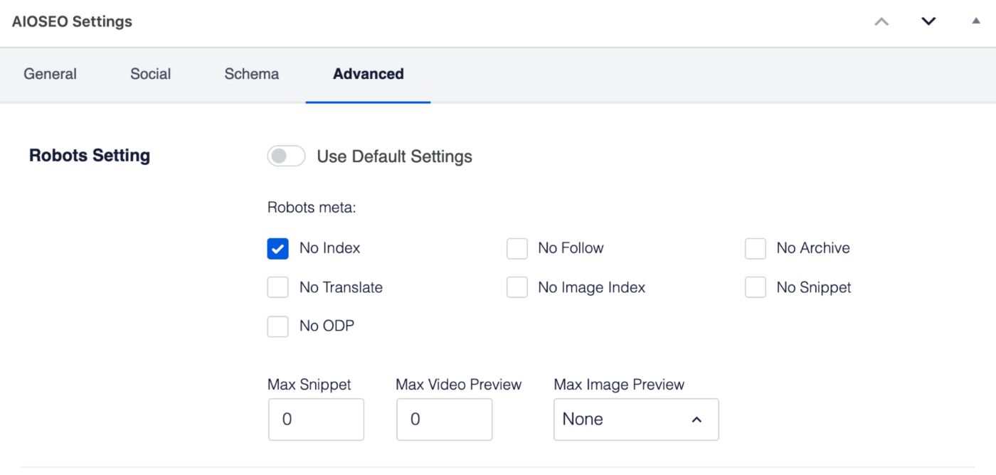 Robots Settings in the All in One SEO section on the Edit Post screen