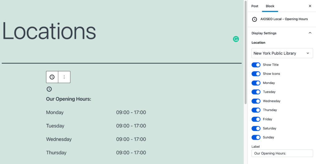 Opening Hours block showing Location drop down