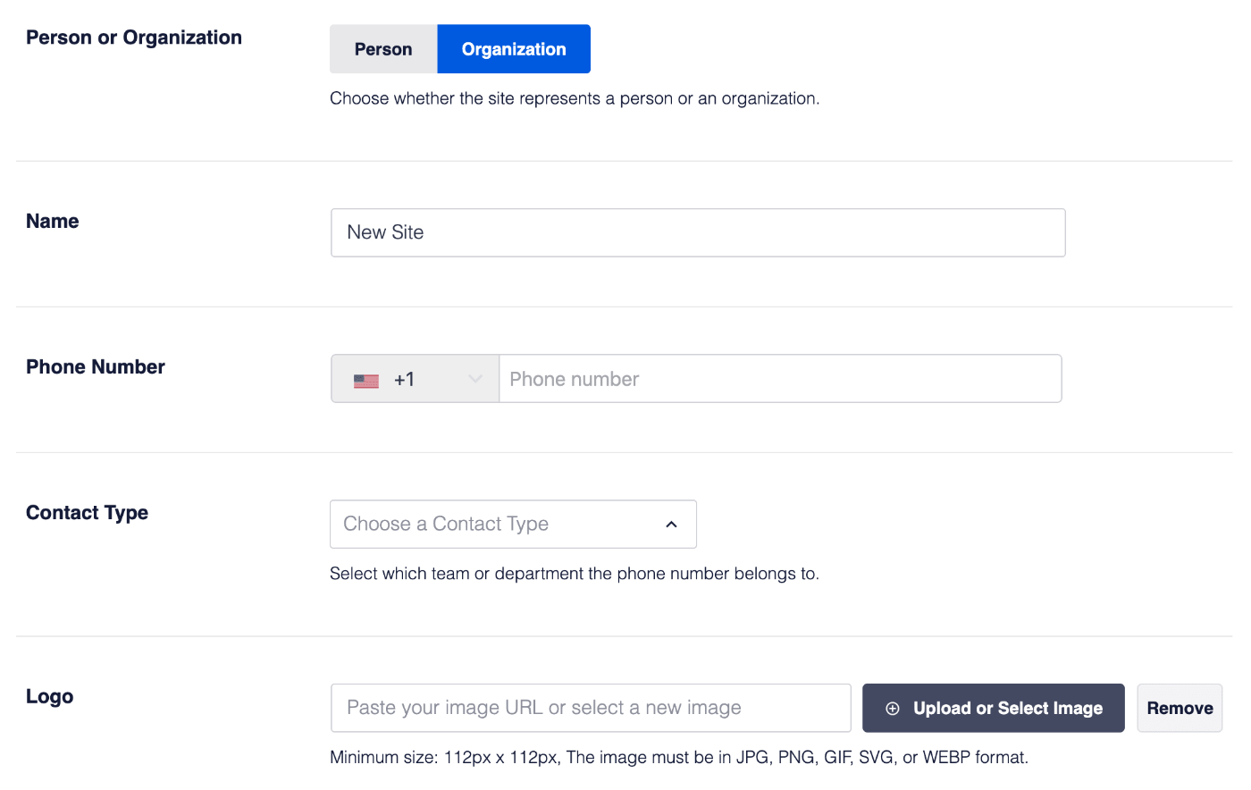 Organization settings in Schema Markup settings