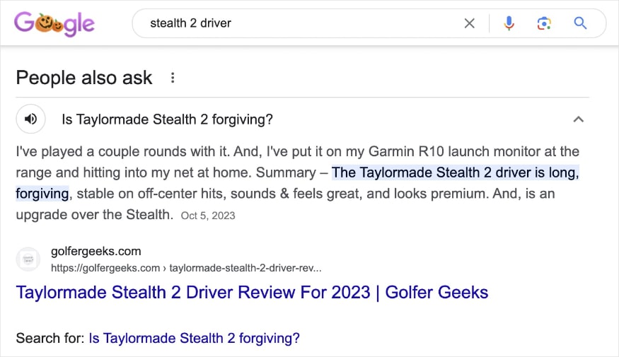 Example of the people also ask section on Google for the query "stealth 2 driver" with an answer from Golfer Geeks.