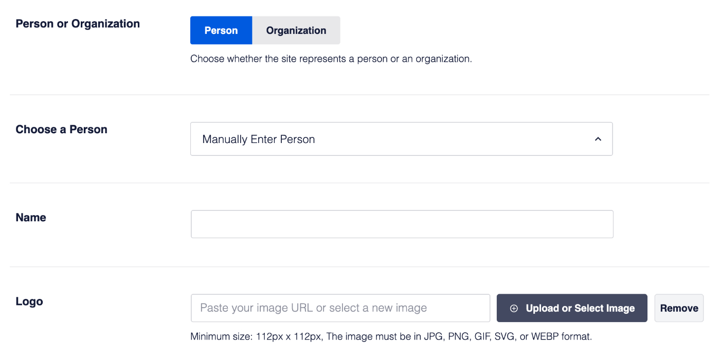 Manually Enter Person settings in Schema Markup settings