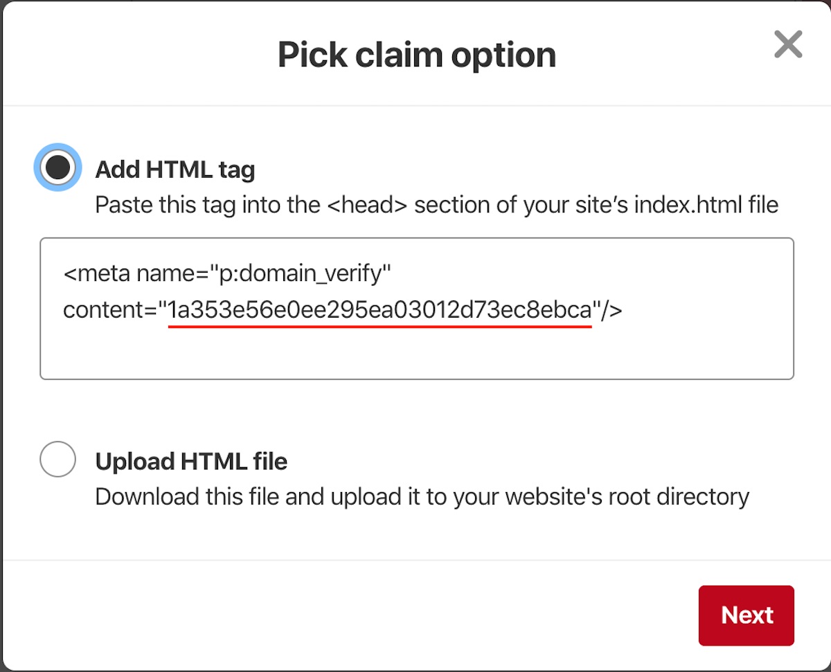 Pinterest Claim Option screen