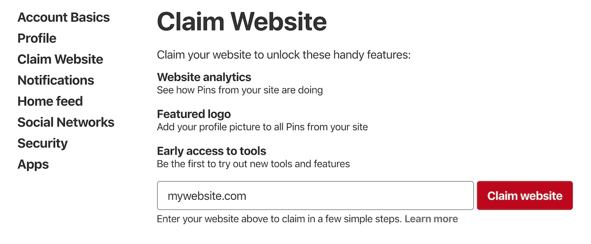 Pinterest Claim Website screen