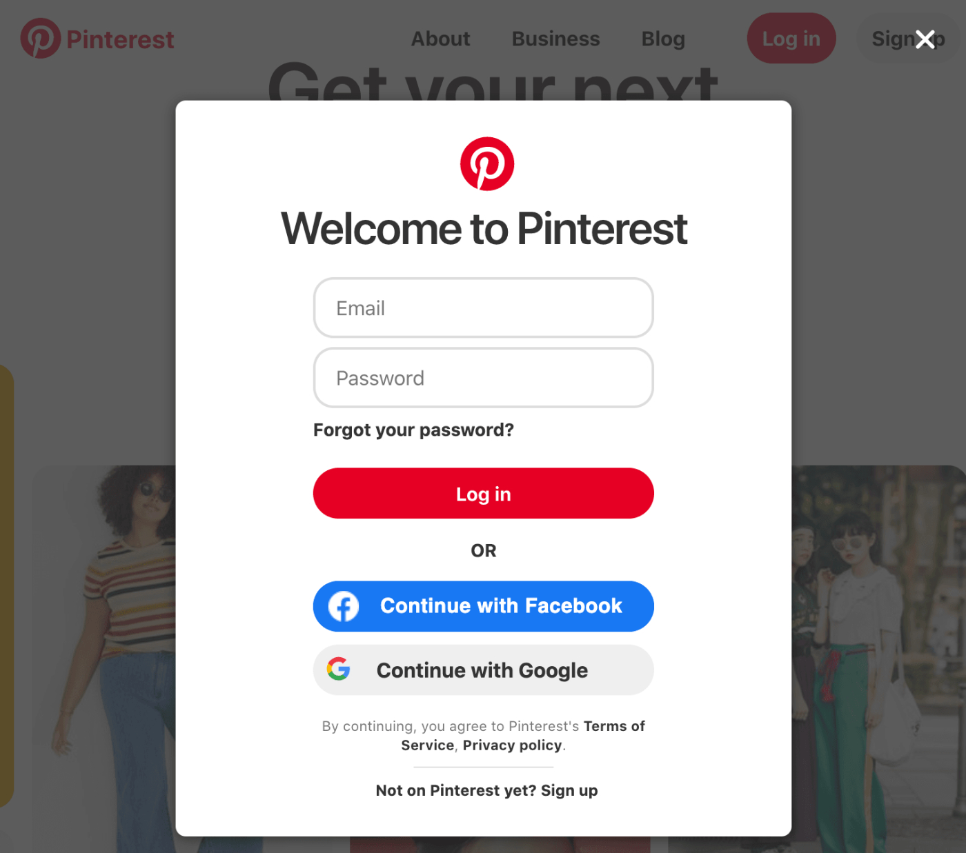 Pinterest login screen