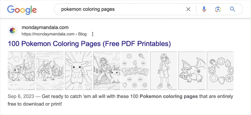 Image rich result on Google for the query "pokemon coloring pages" that shows pokemon printable images.