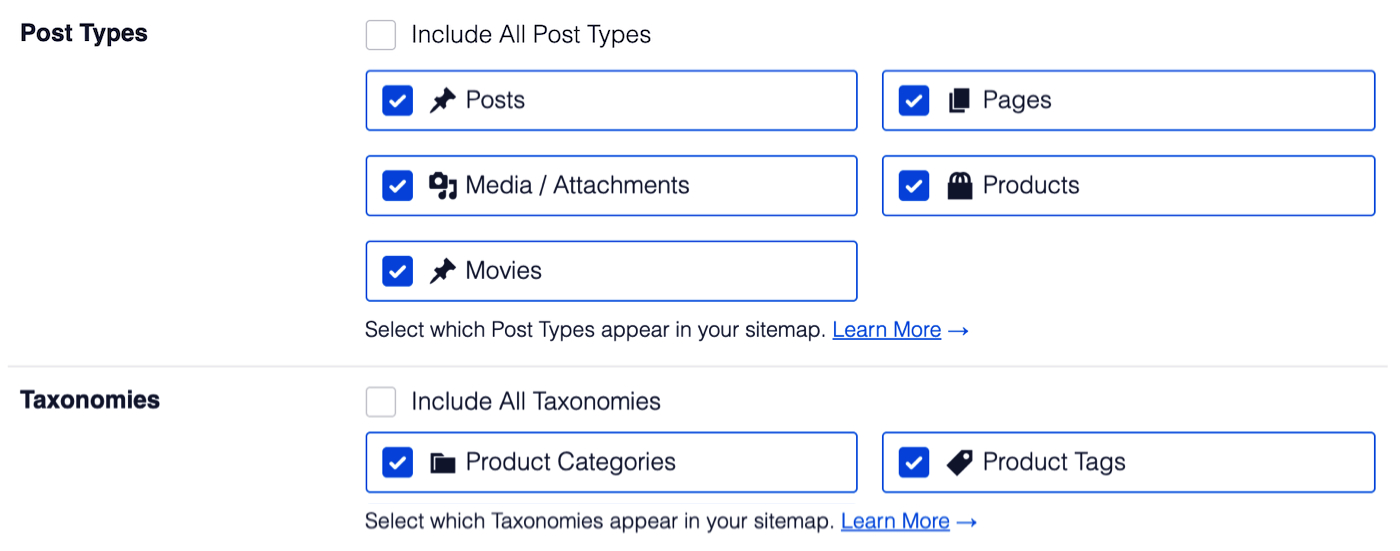 Post Types and Taxonomies options in Video Sitemap settings