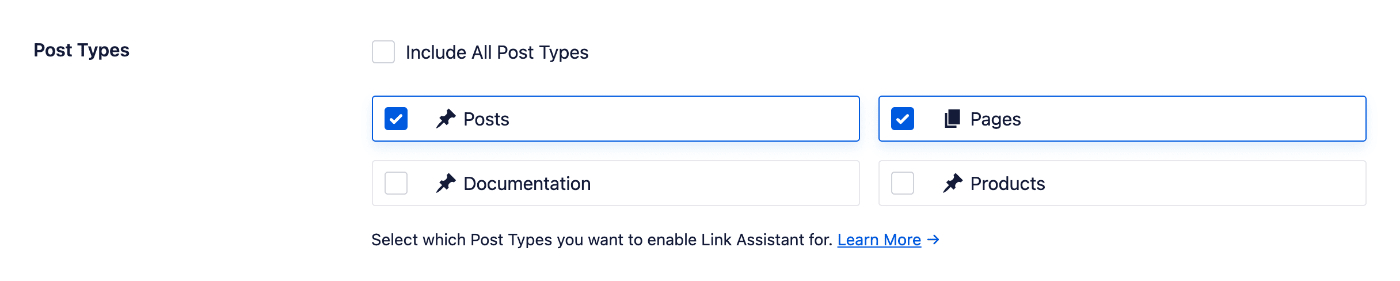Post Types setting in Link Assistant showing checkboxes for each post type