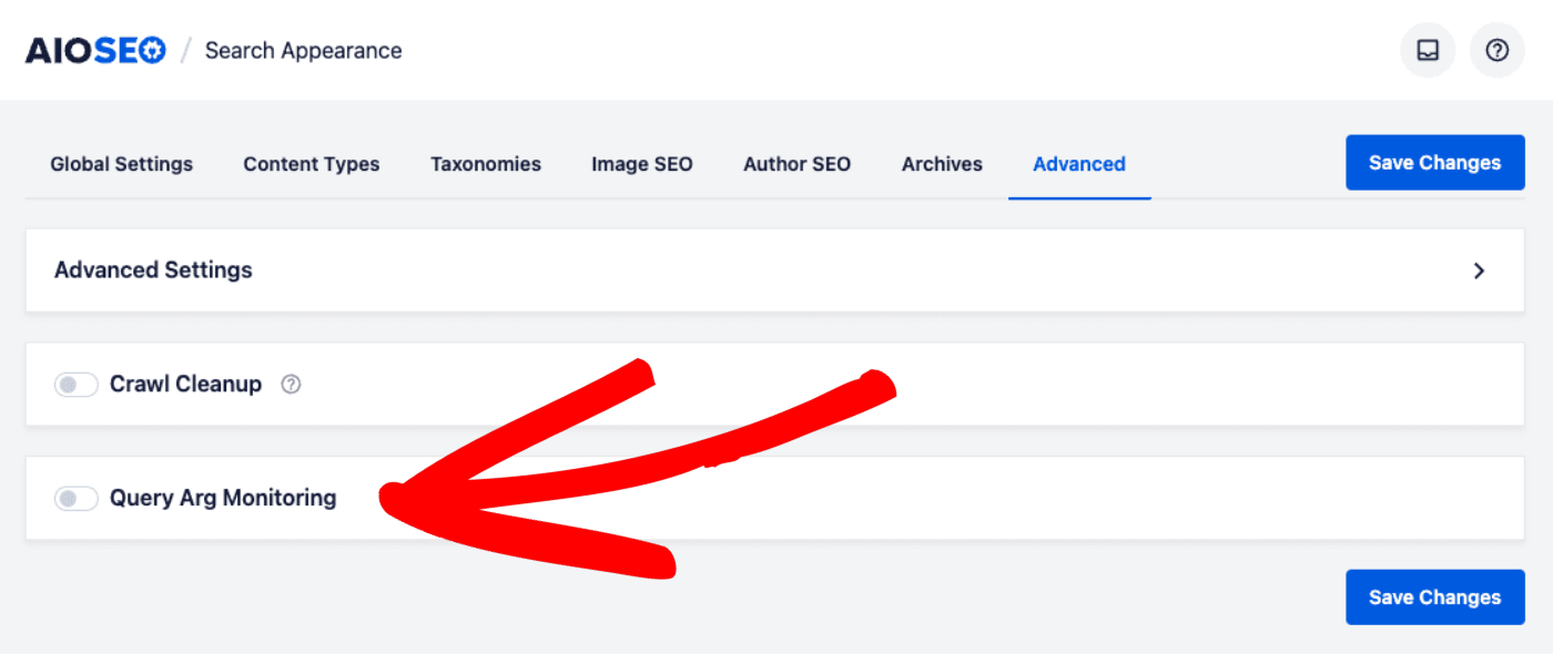 Query Arg Monitoring section on the Search Appearance Advanced tab