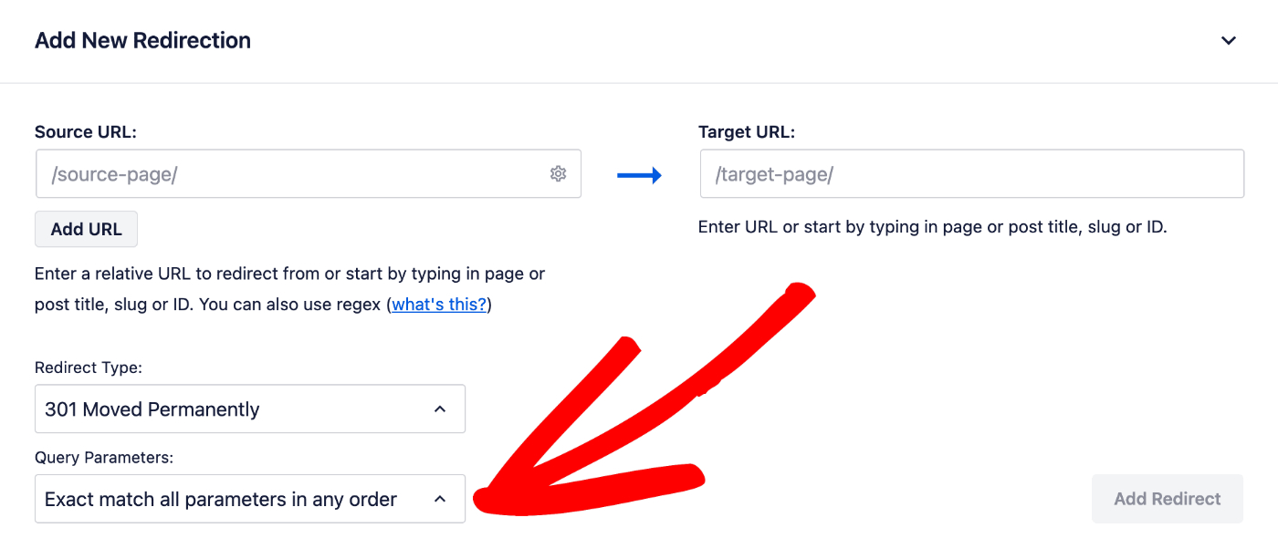 Query Parameters drop down in the Add New Redirection form