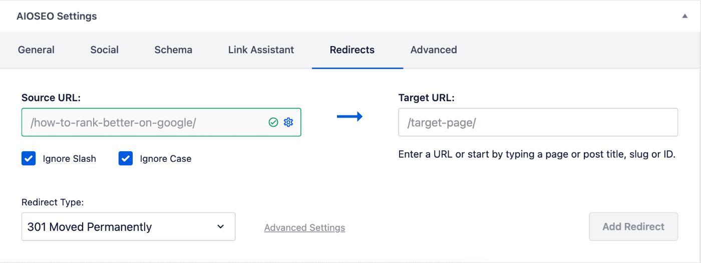 Redirects tab in AIOSEO Settings on the Edit Post screen
