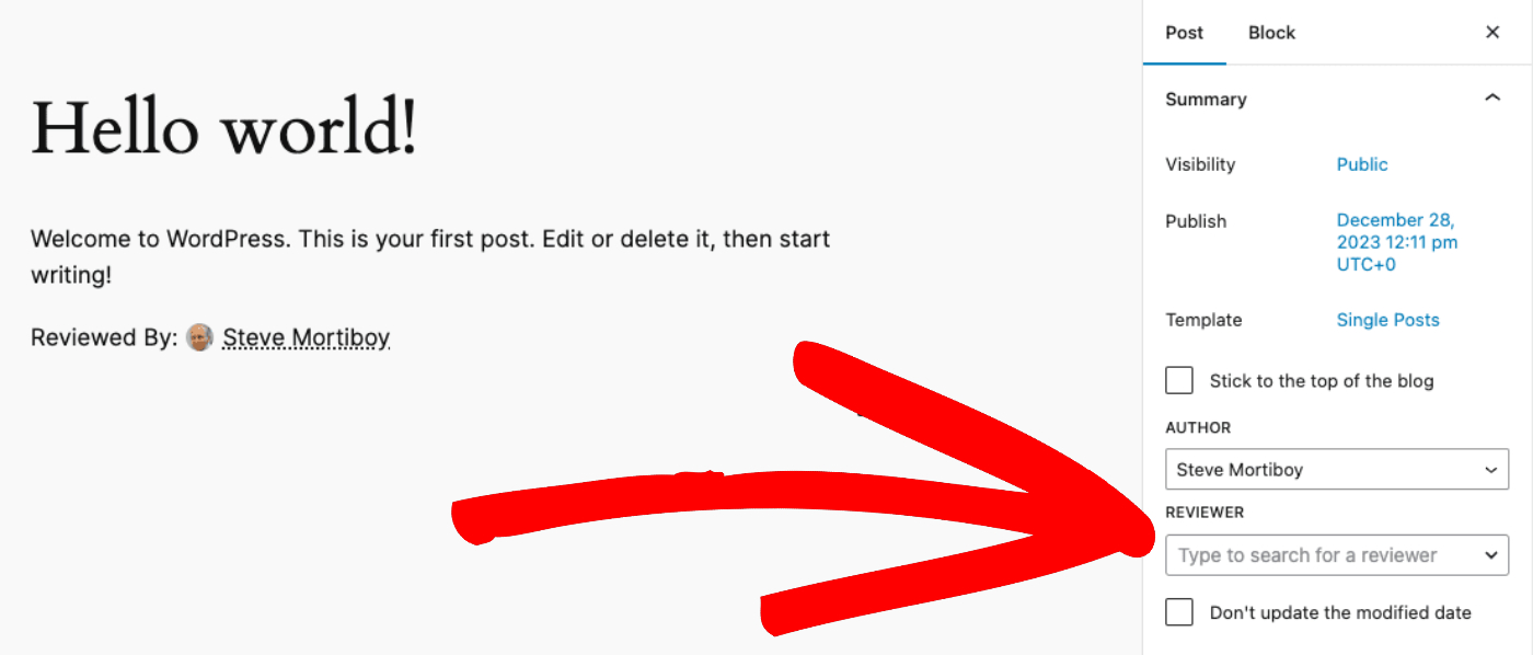 Reviewer drop-down shown in the sidebar of the Edit Post screen