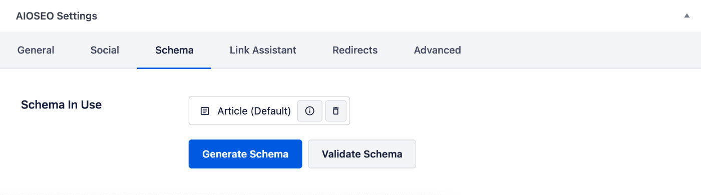 Schema tab shown in the AIOSEO Settings section on the Edit Post screen