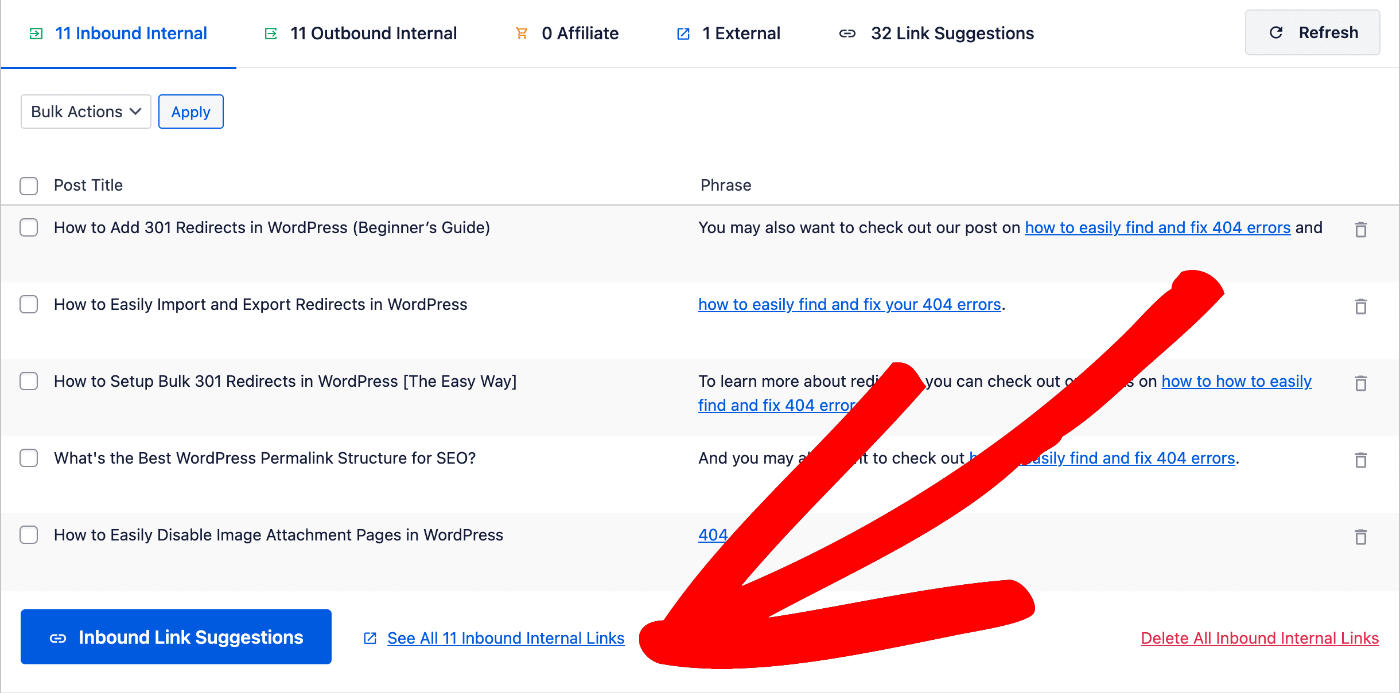 See All Inbound Internal Links link in Link Assistant
