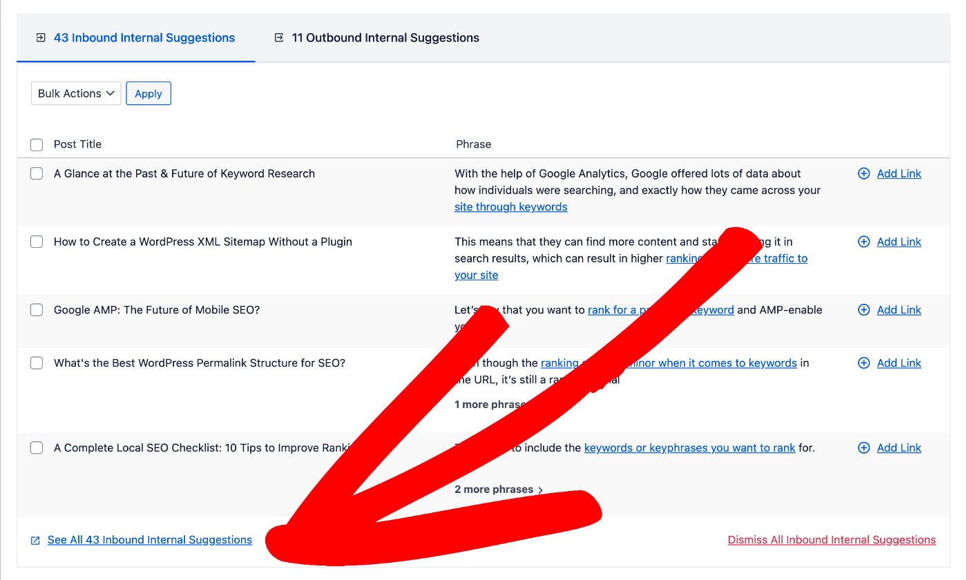 See All Inbound Internal Suggestions link in Link Assistant