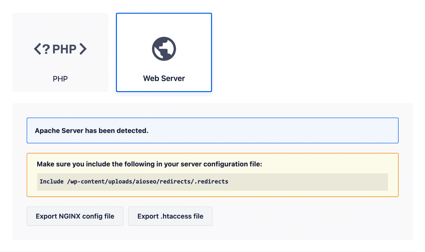 Server configuration file notice in Redirect Method settings