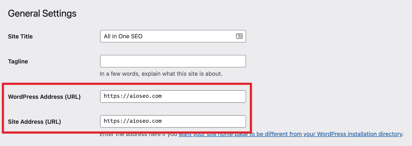 Site Address setting in WordPress