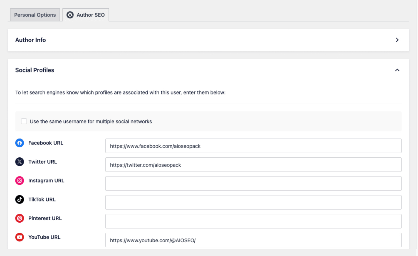 Social Profiles section on the Author SEO tab of a user profile