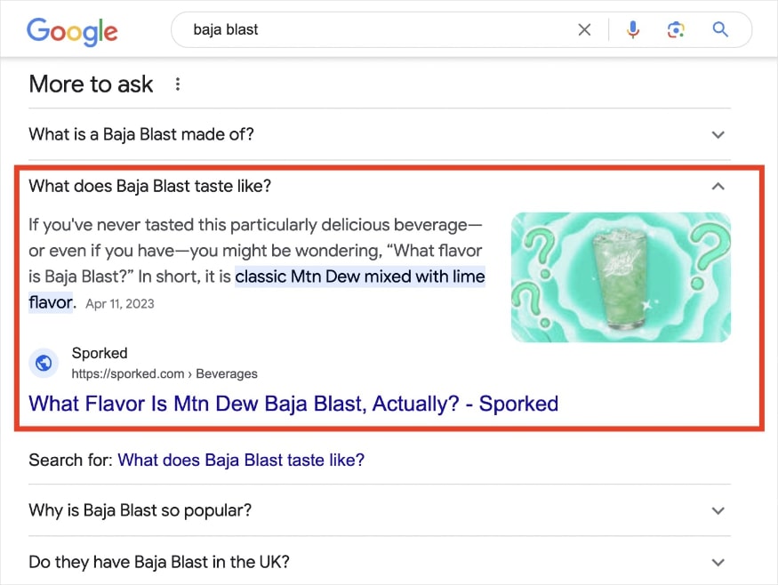 Sporked rich result on the SERP answering the question "what does baja blast taste like?".