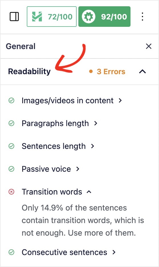 TruSEO readability checklist tells you where to make improvements in your content for easier reading.