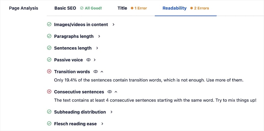 Readability checklist and suggestions from the TruSEO on-page analysis of a blog.