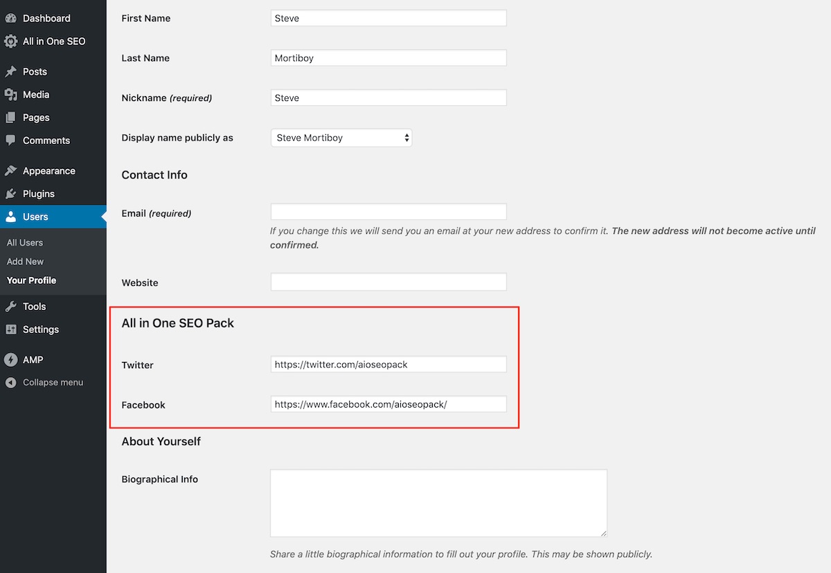 User Profile fields in All in One SEO