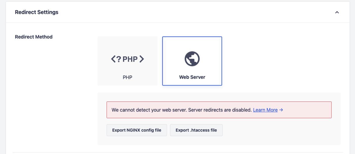 Warning message in Redirect Settings stating that we cannot detect your web server