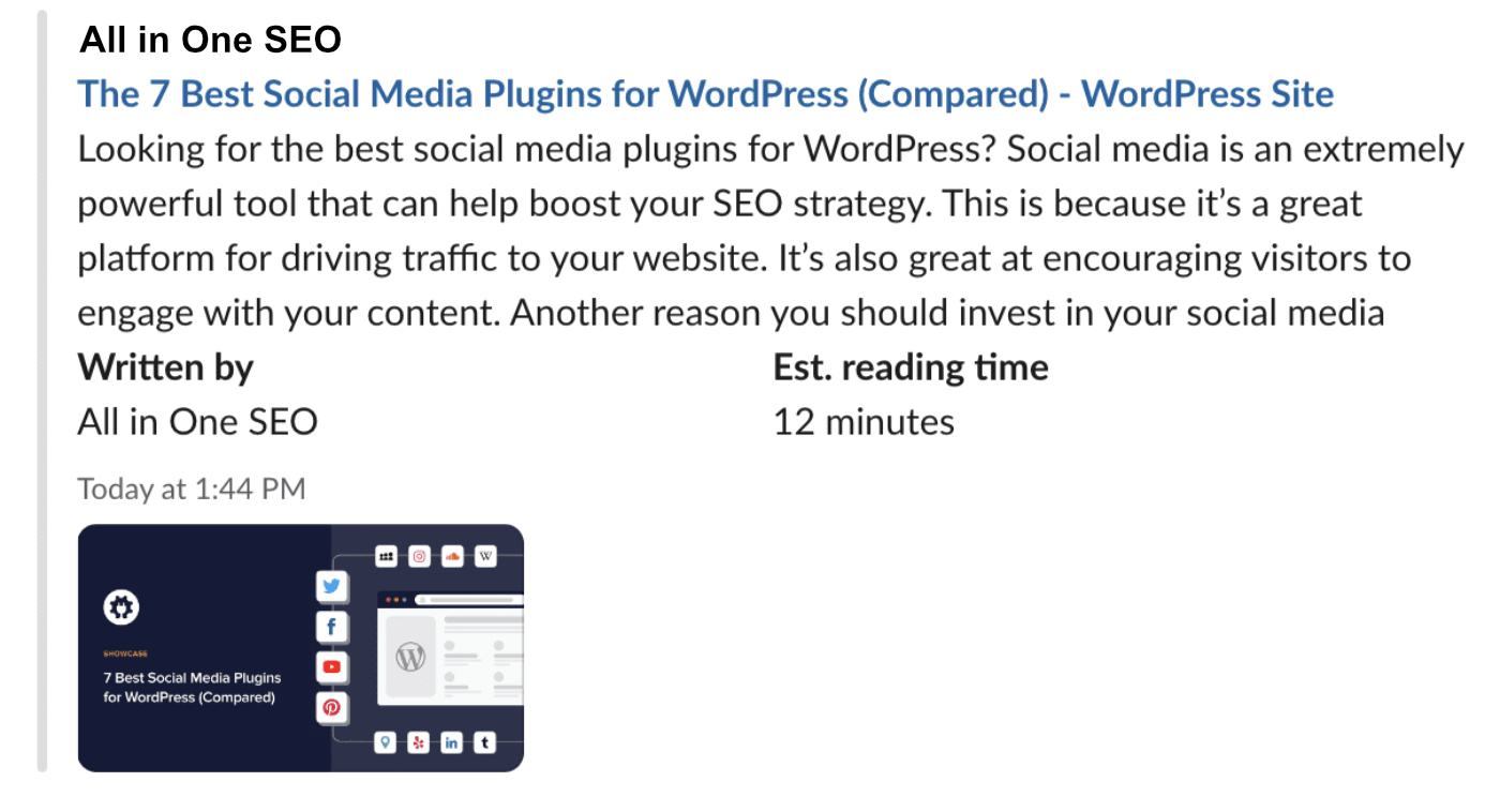 URL shared on Slack showing title, description, image, author, and estimated reading time