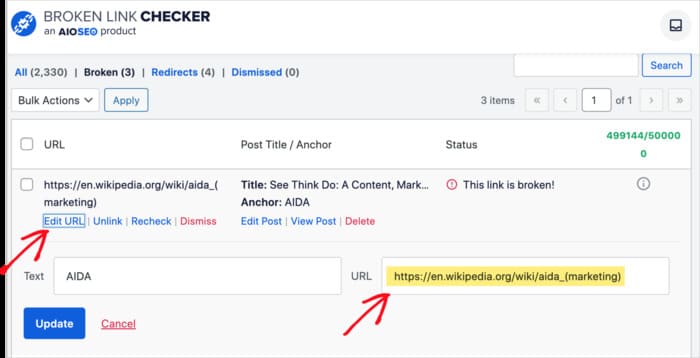 Broken Link Checker dashboard.