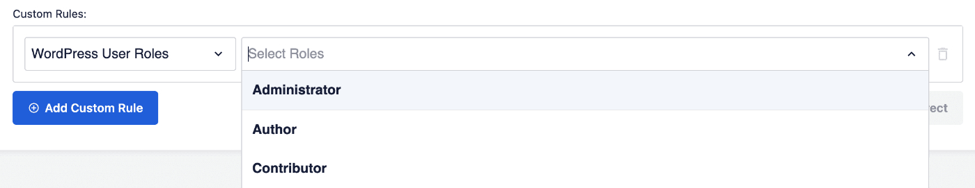 WordPress User Roles selected in the Custom Rules fields