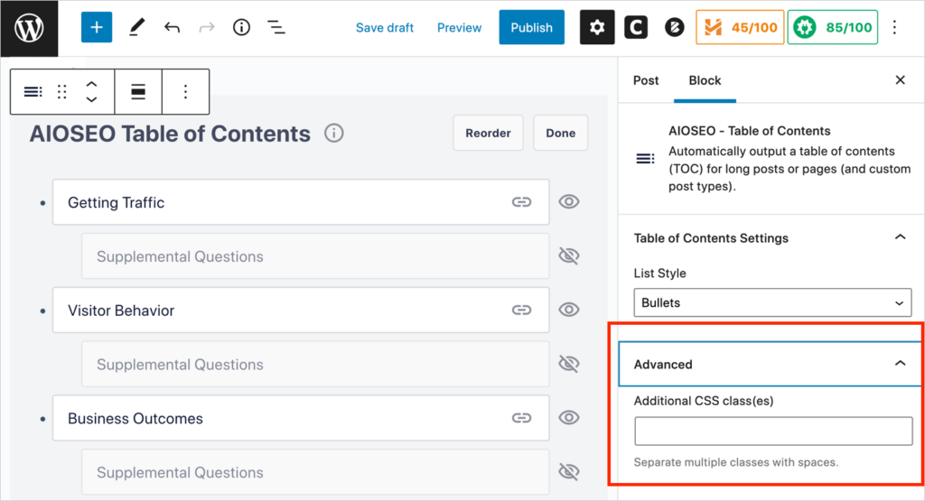 aioseo advanced table of contents settings