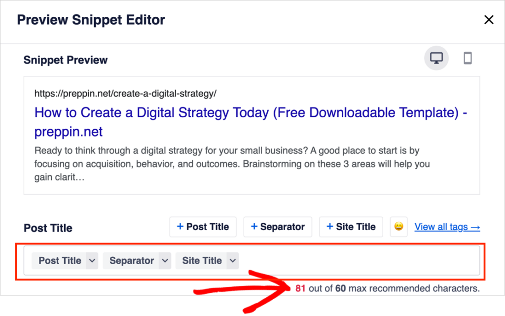 aioseo serp snippet tool character limit display