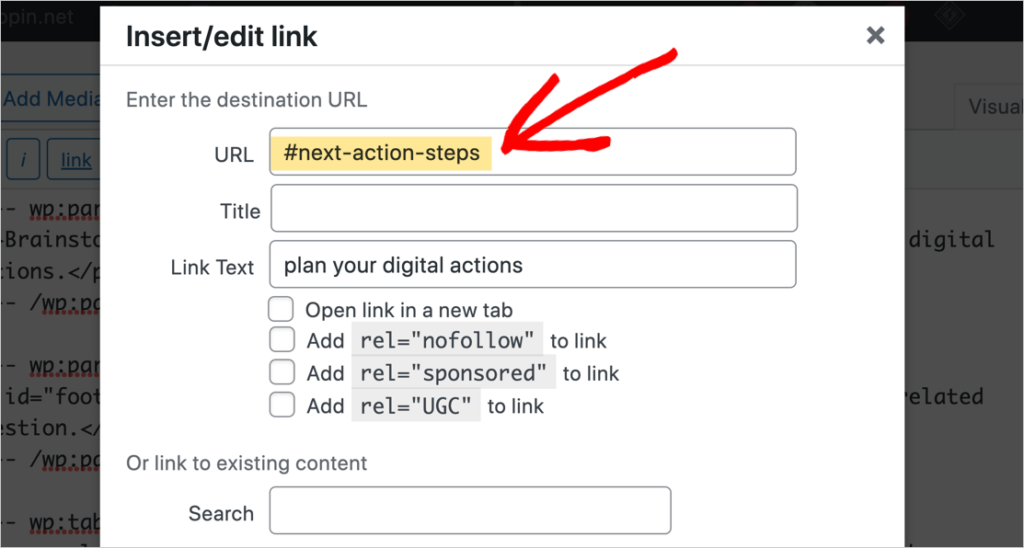 how to create jump links in wordpress classic editor