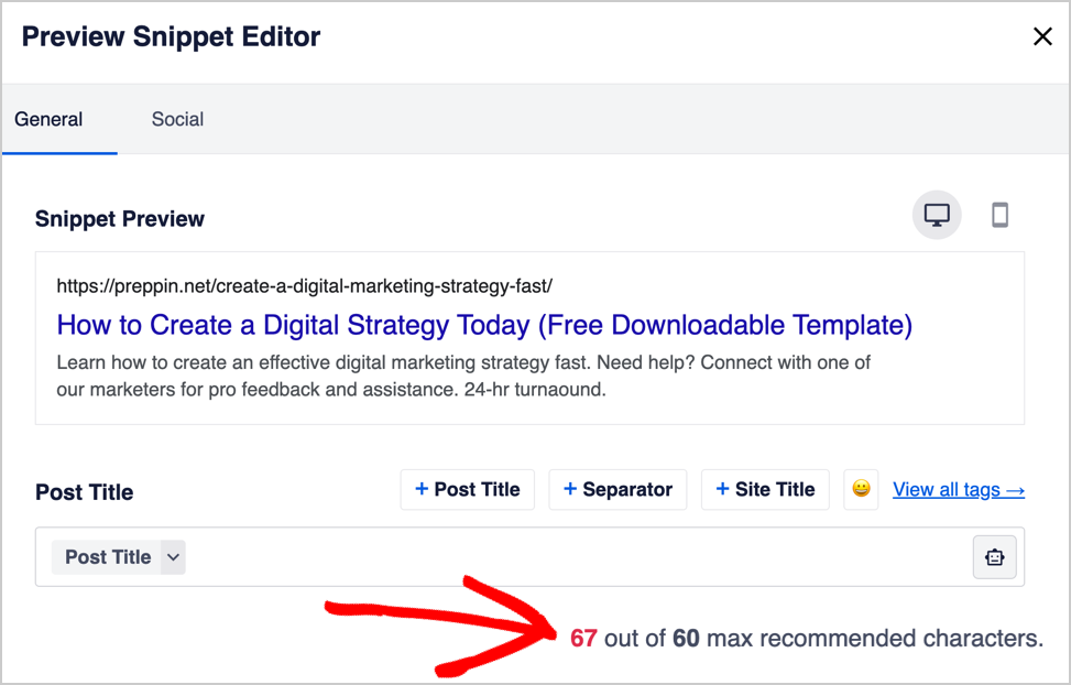 aioseo serp snippet tool title character limit 