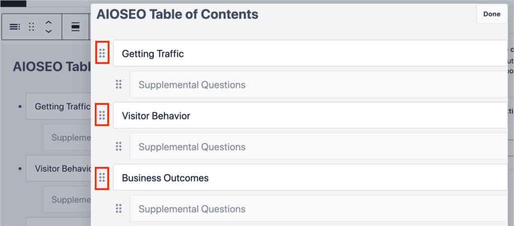 reorder table of contents headers