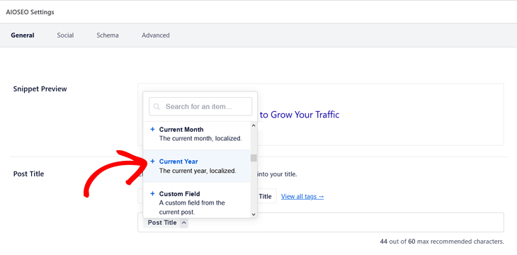 Adding the current year to your SEO title in All in One SEO