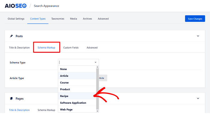 Choosing recipe schema type in All in One SEO