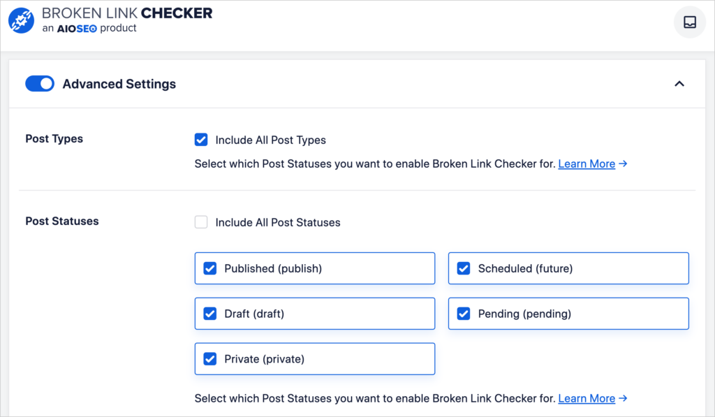 advanced settings in broken link checker plugin