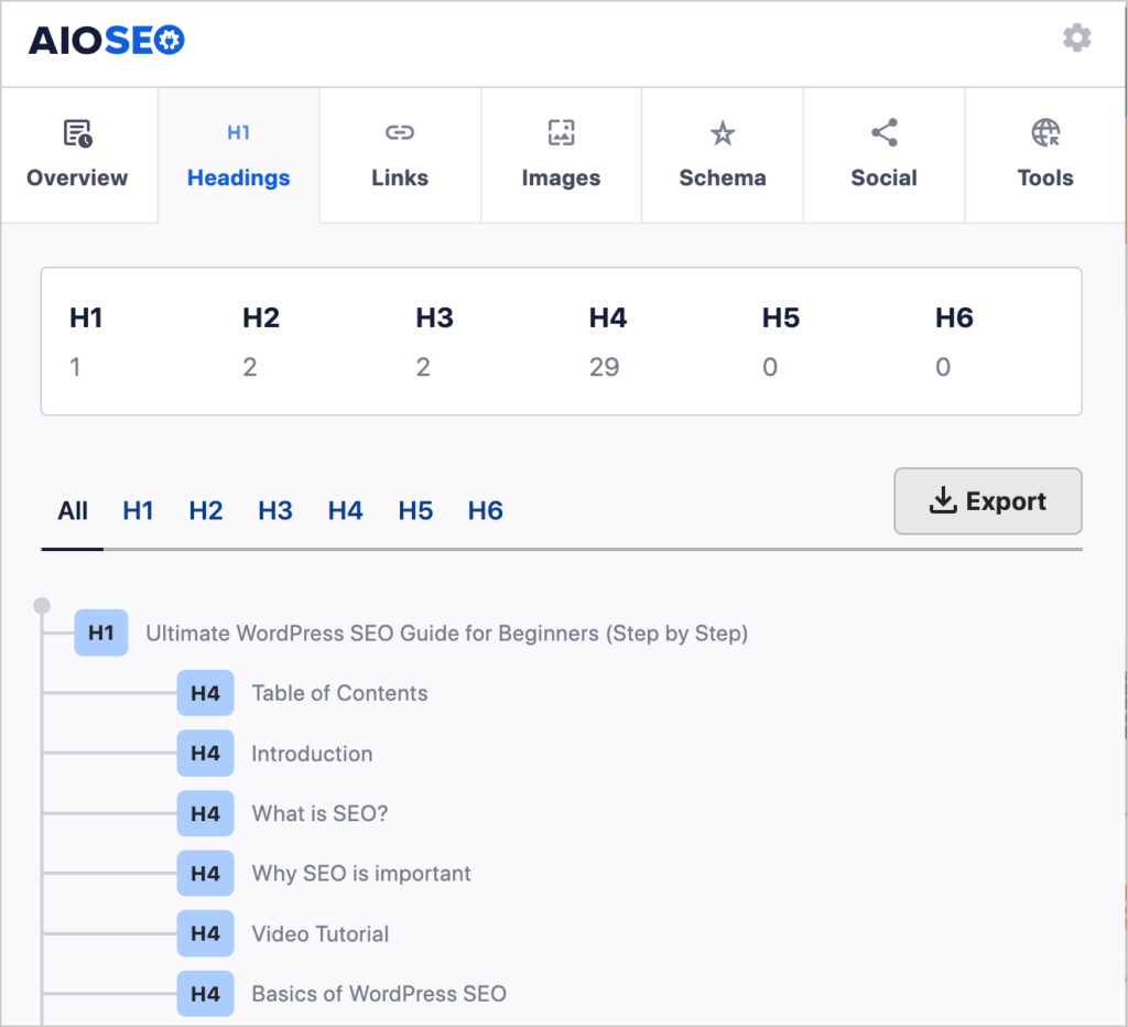 aioseo analyzer headings tab