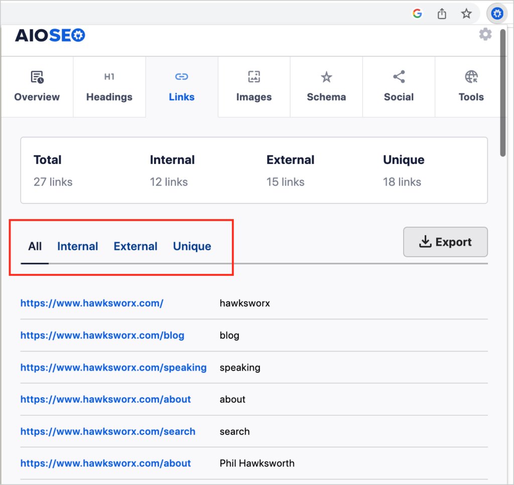 aioseo analyzer links tab