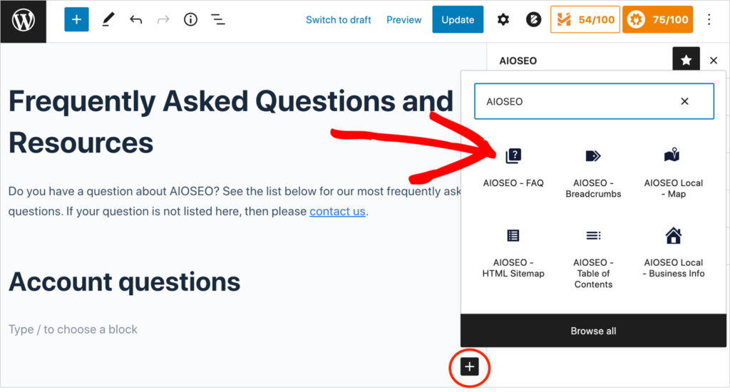 how to find aioseo wordpress faq block