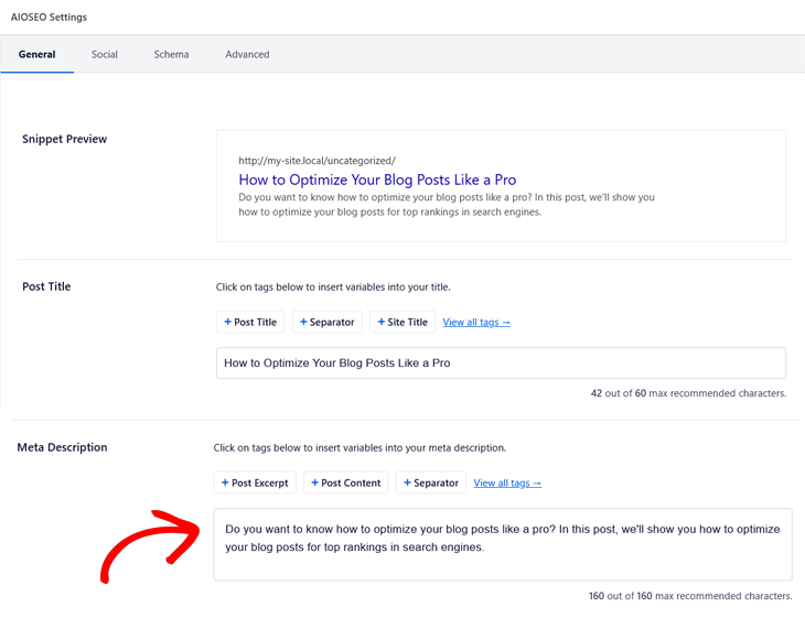 Blog post SEO checklist - add meta description in AIOSEO