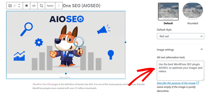 Blog post SEO checklist - optimize images with alt text in AIOSEO