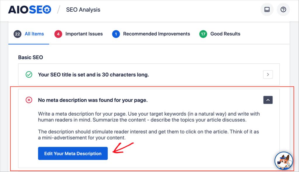 aioseo seo analysis edit meta description