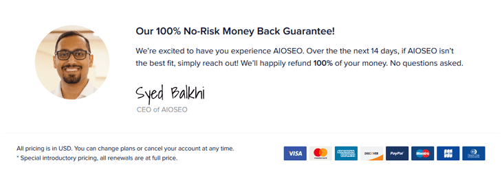 AIOSEO's 100% no-risk money back guarantee