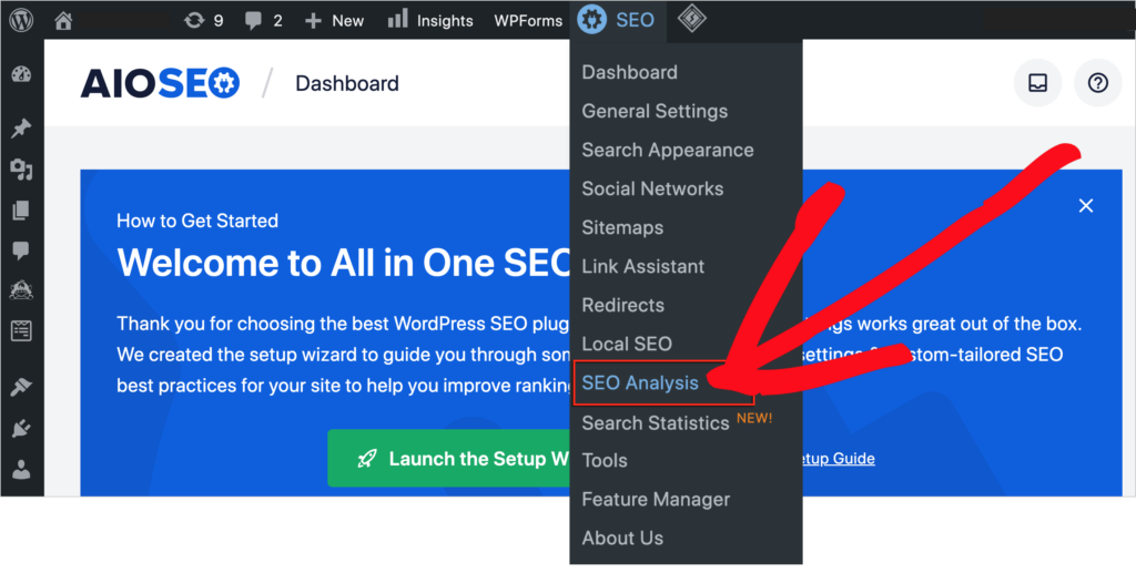 aioseo seo analysis menu item