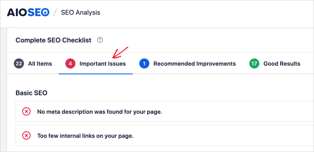 aioseo seo analysis important issues list